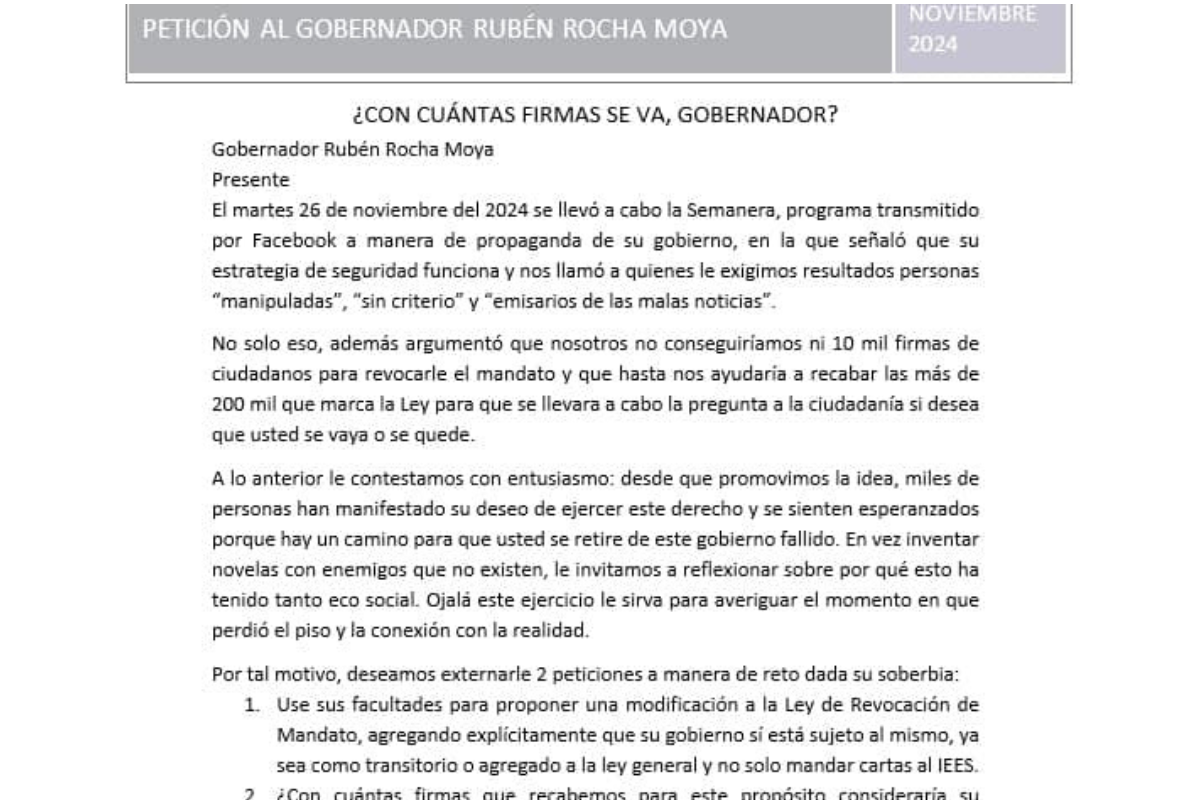 Colectivo ciudadano reta al gobernador de Sinaloa, Rubén Rocha Moya.