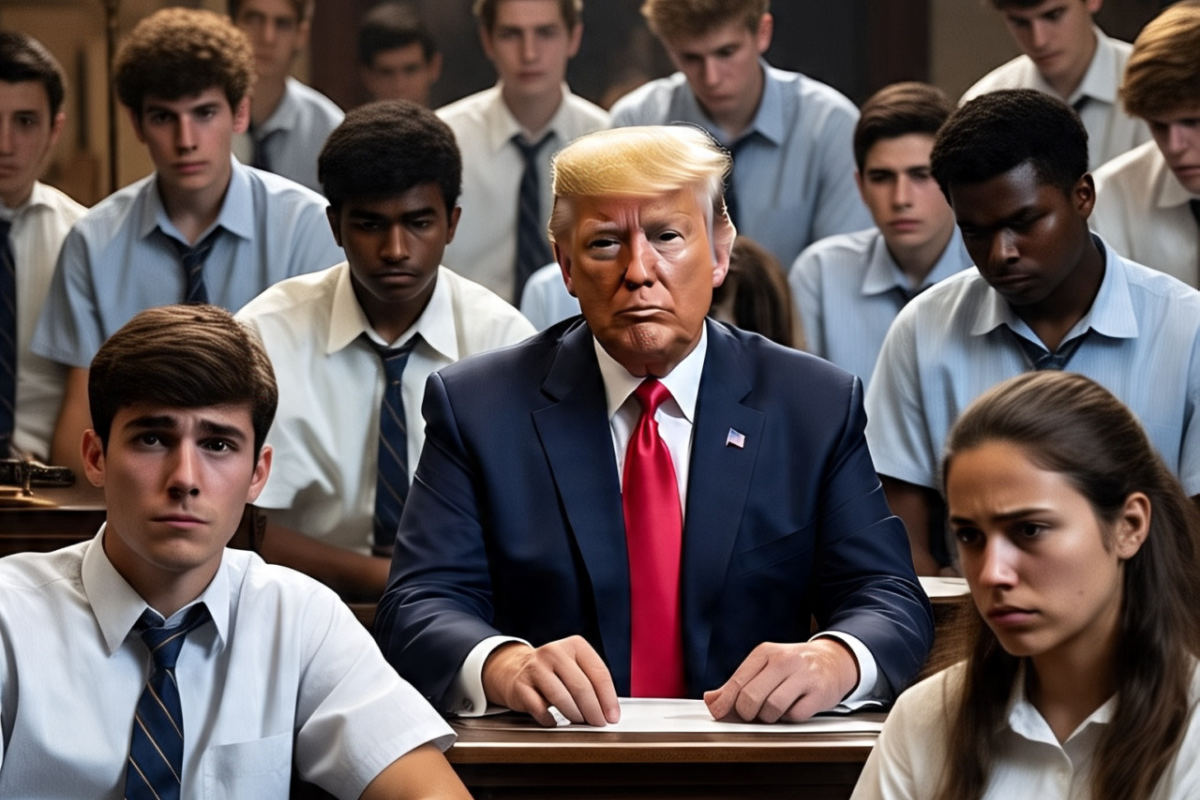 Donald trump alrededor de estudiantes que le acaba de quitar visa para estudiar