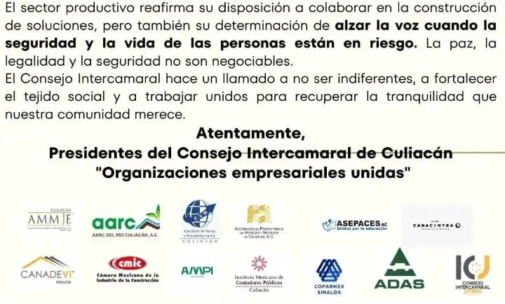 Empresarios de Culiacán advirtieron que la violencia ha rebasado los límites de tolerancia social, tras el atentado contra diputados locales.