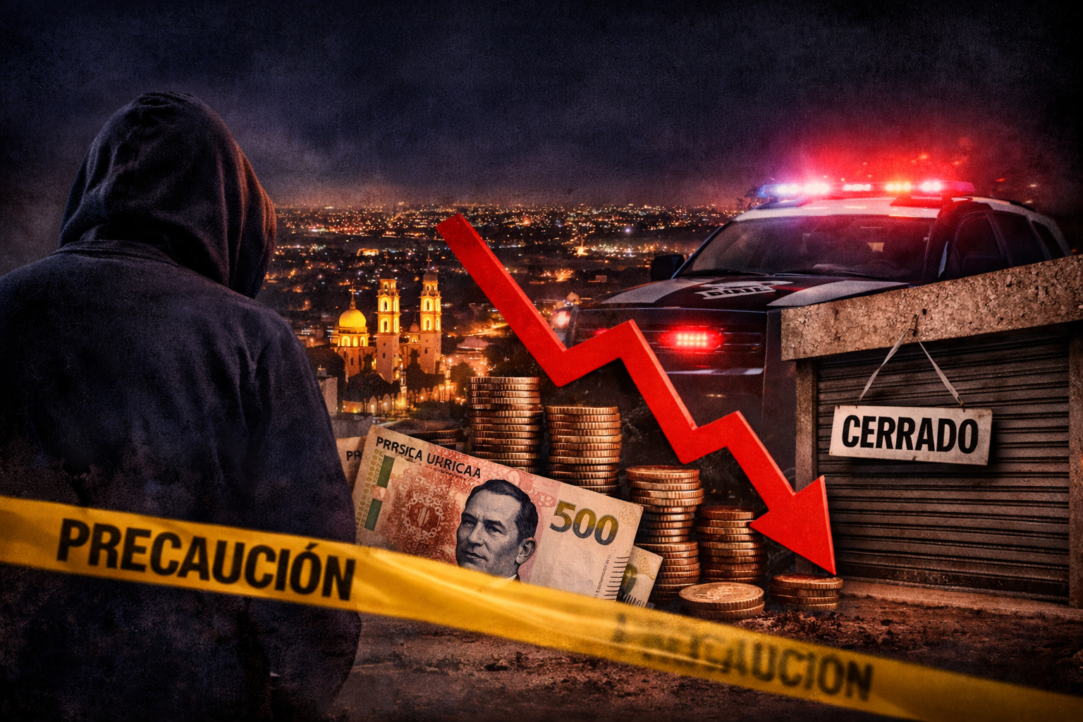 Escena nocturna de Culiacán que refleja la percepción de inseguridad y su impacto económico, con presencia policial, comercios cerrados y símbolos de caída económica.