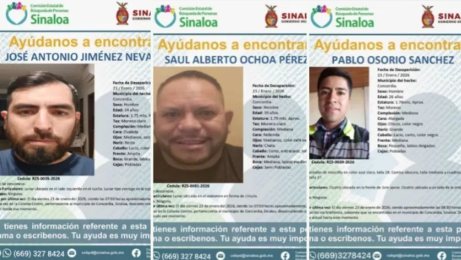 Fichas de búsqueda de mineros desaparecidos en Concordia, difundidas por la Comisión Estatal de Búsqueda de Personas de Sinaloa.